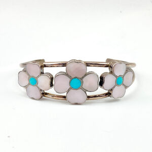 Old Pawn Zuni Flower Inlay Bracelet Turquoise Sterling Silver Cuff Native
